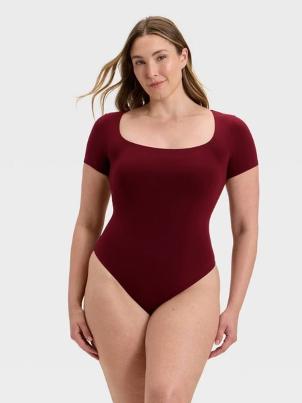 Auden Women's Luxe Stretch Square Neck Thong Bodysuit, 2X - Berry Red
